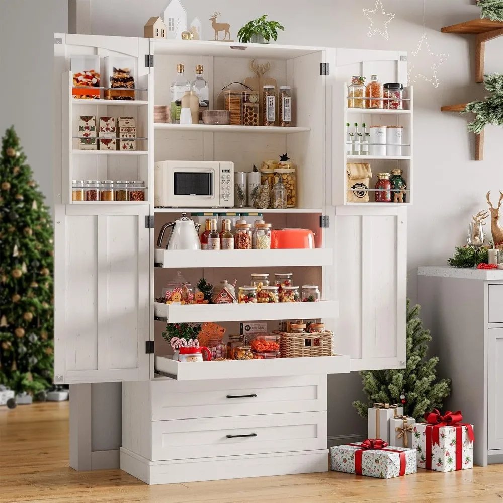 

71 Tall Farmhouse Kitchen Pantry Cabinet with 3 Pull Out Shelves & 2 Large Drawers, Pantry Storage Cabinet with 6 Door S