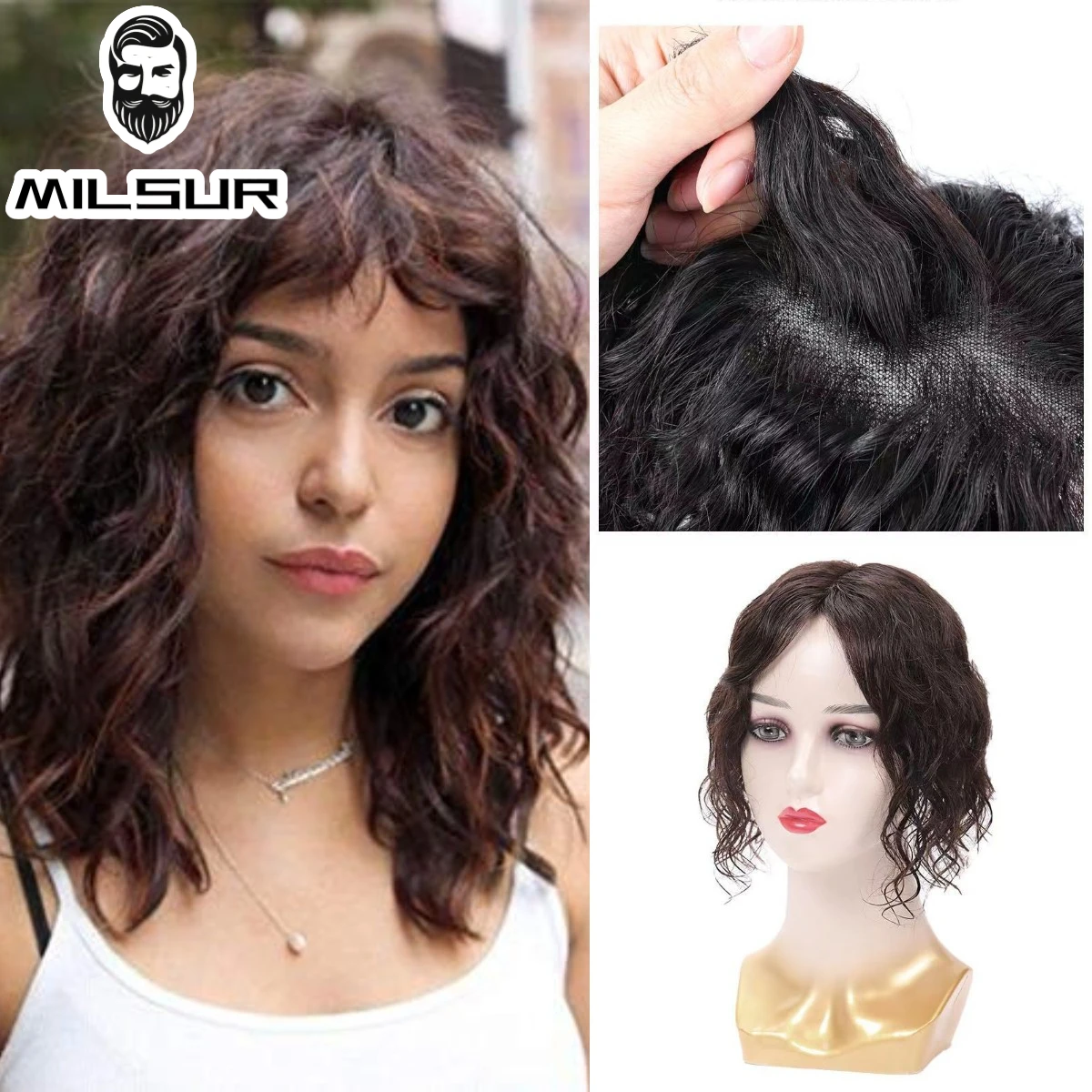 Customize Women Topper Breathable Human Hair Piece Hand Made Swiss Net Lady Natural Clips Topper 13x14cm Curly Hair