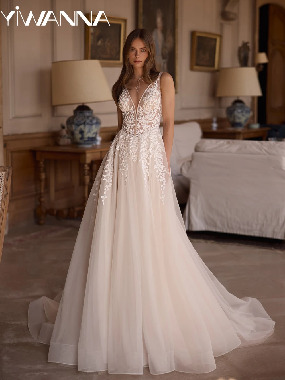 

2026 New Shiny Beaded A-line Long Wedding Dress Sexy Deep V-neck Backless Bridal Gown Customized Dreamy Dresses For Bride