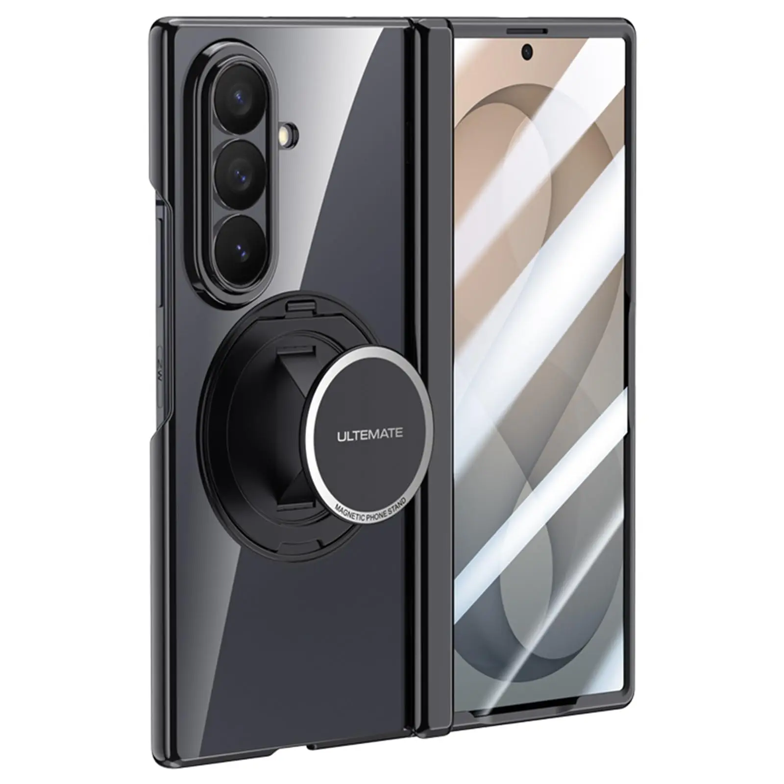 For Samsung Galaxy Z Fold 8/Ultra Magnetic Electroplated Clear HD Tempered Glass Hinge Protection Swivel Ring Stand Hand Strap