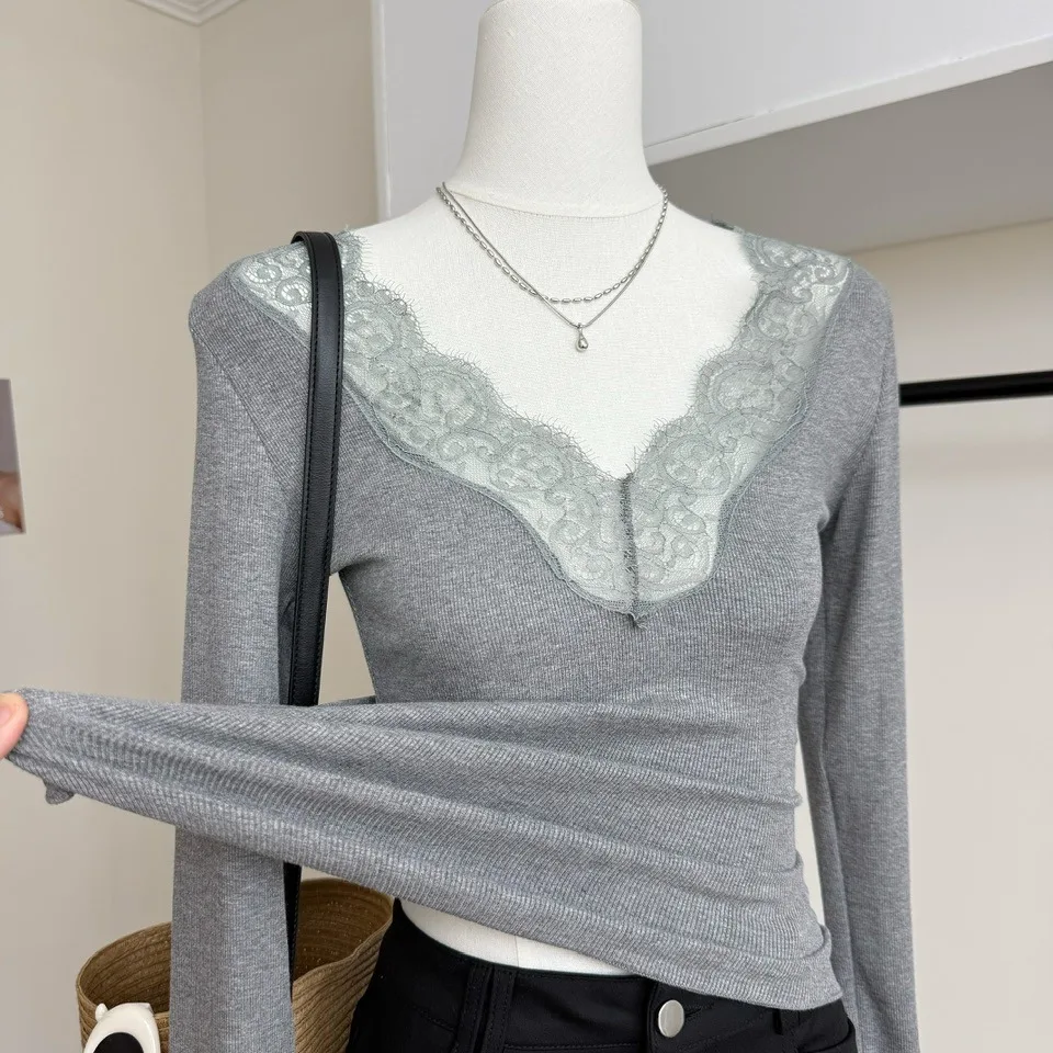 Sexy Basic Lace Long Sve T-Shirt Damen Tägliche Taille-Cinching Dünnes Frühlings-Herbst-Top Trendiger V-Ausschnitt-Pullover Normale Länge