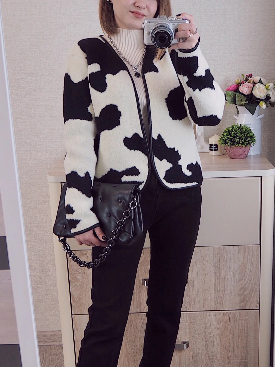 2024 Spring Gothic Wool Knitted Y2K Short Coats Fashion Color Block Long Sleeve Woman Cow Cardigan Jackets C-142