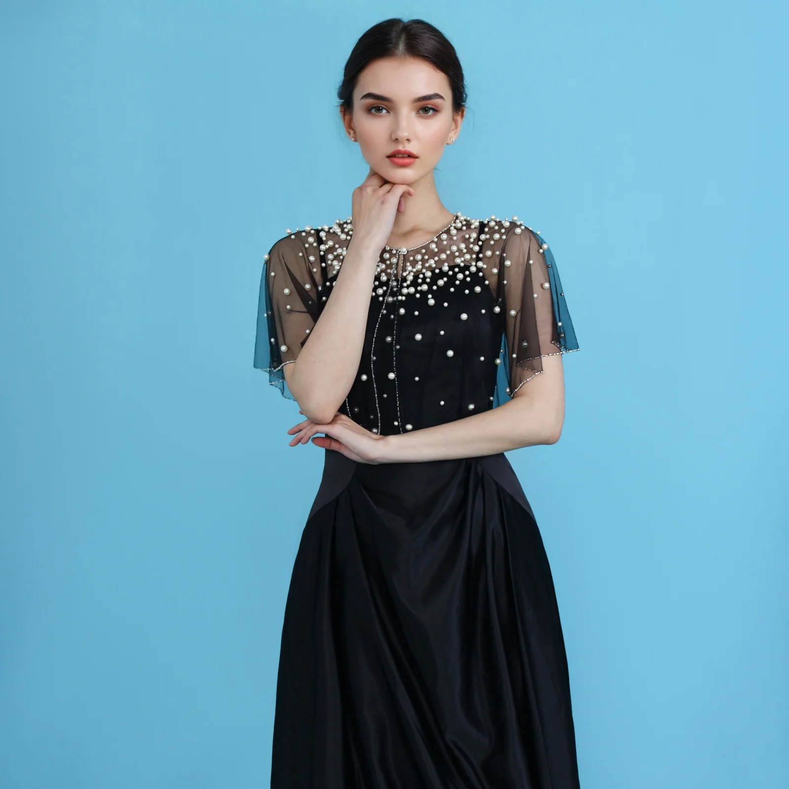 Elegante preto nupcial pérola embelezado sheer tule capa manga curta envoltórios de casamento para noiva ombro capa vestido de festa gp31