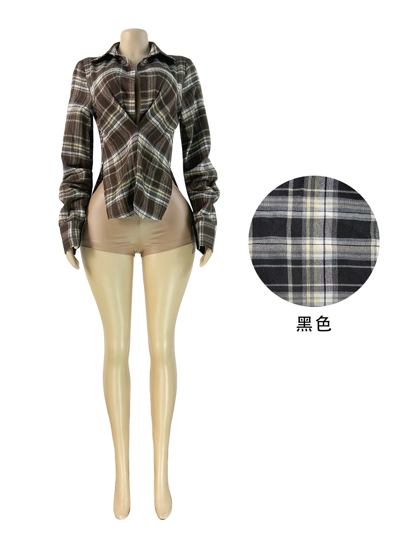 

Элегантная блузка в европейском стиле с глубоким V-образным вырезом, свободного кроя, в клетку, с разрезами по бокам и полностью подвернутыми рукавами, дышащая, очень свободная