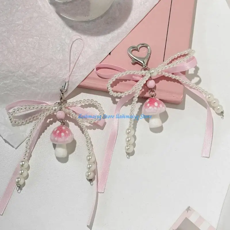 573B Resin Bowknot Keychain For Women Fashionable Pearls Ribbon Ornament Carabiner Keychain Accessory