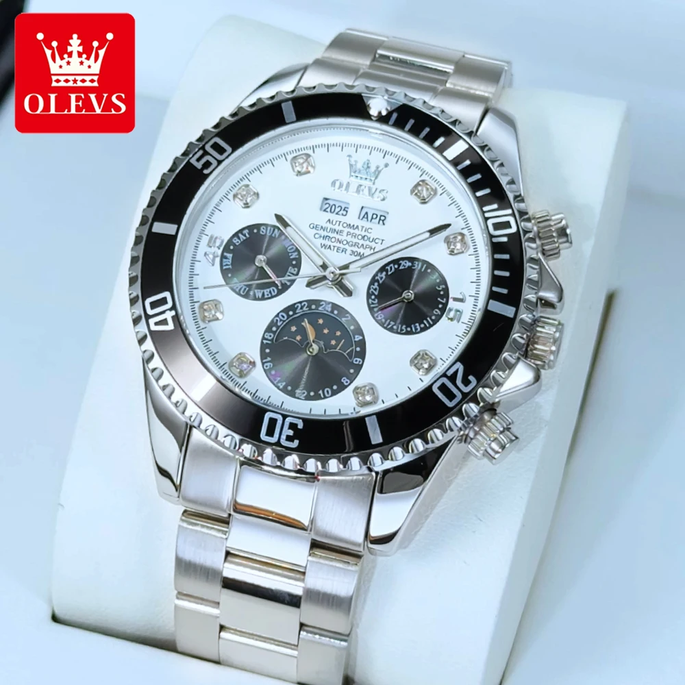 ساعات OLEVS من أفضل العلامات التجارية للرجال، ساعة يد ميكانيكية أوتوماتيكية أصلية من الفولاذ الفاخر مقاومة للماء، تقويم مرحلة القمر
