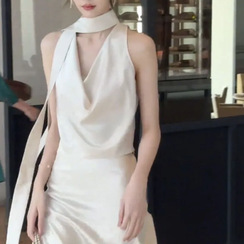 

Ele Satin ter Ne Vest с Sa и юбкой с высокой талией, комплект из двух предметов для женщин, весна-лето, ансамбль Faion