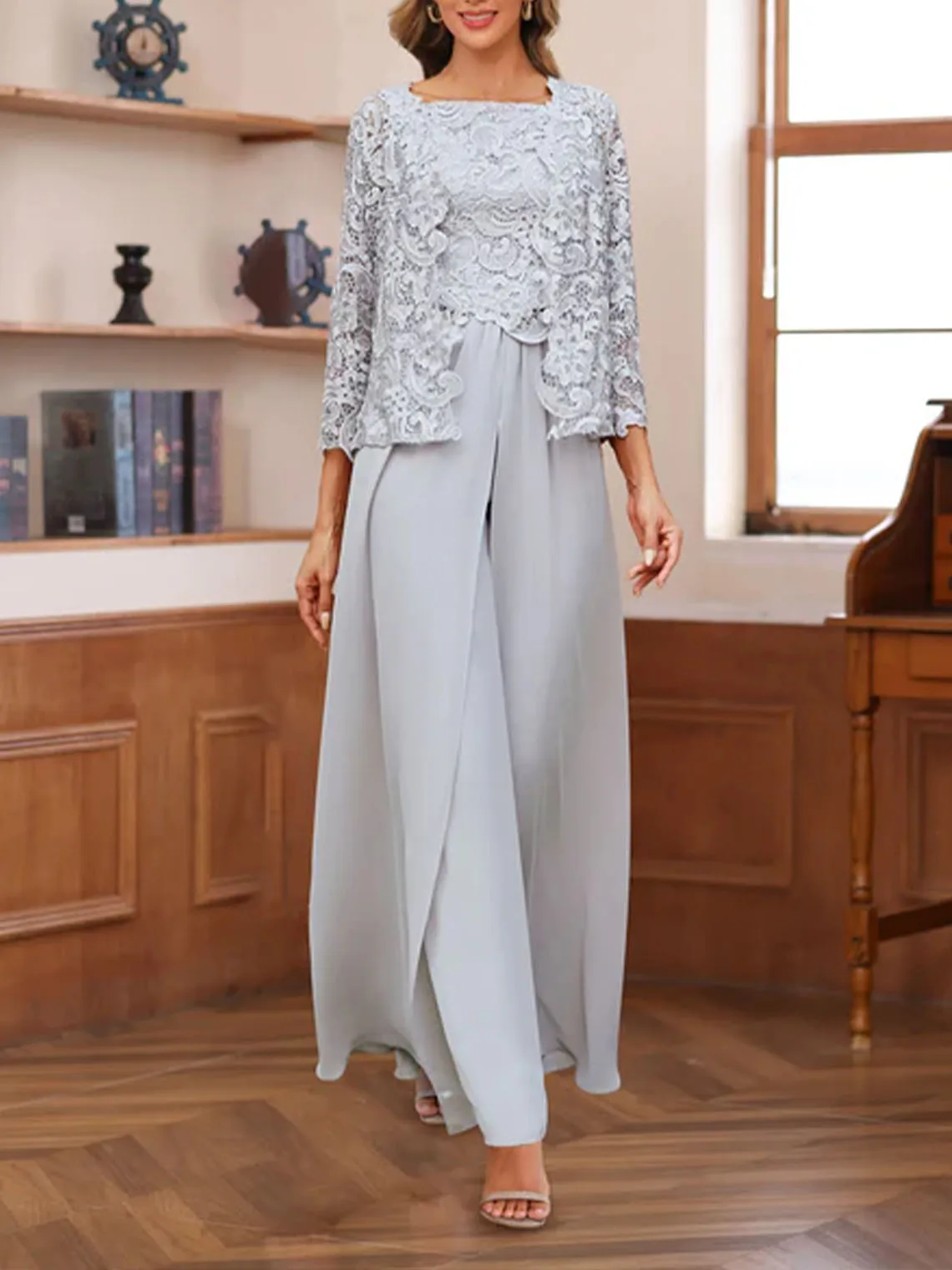 

Elegant Chiffon Floor Length A-Line Mother of the Bride Dress with Square Neck 3/4 Sleeves Appliques Jacket 2025 free customized