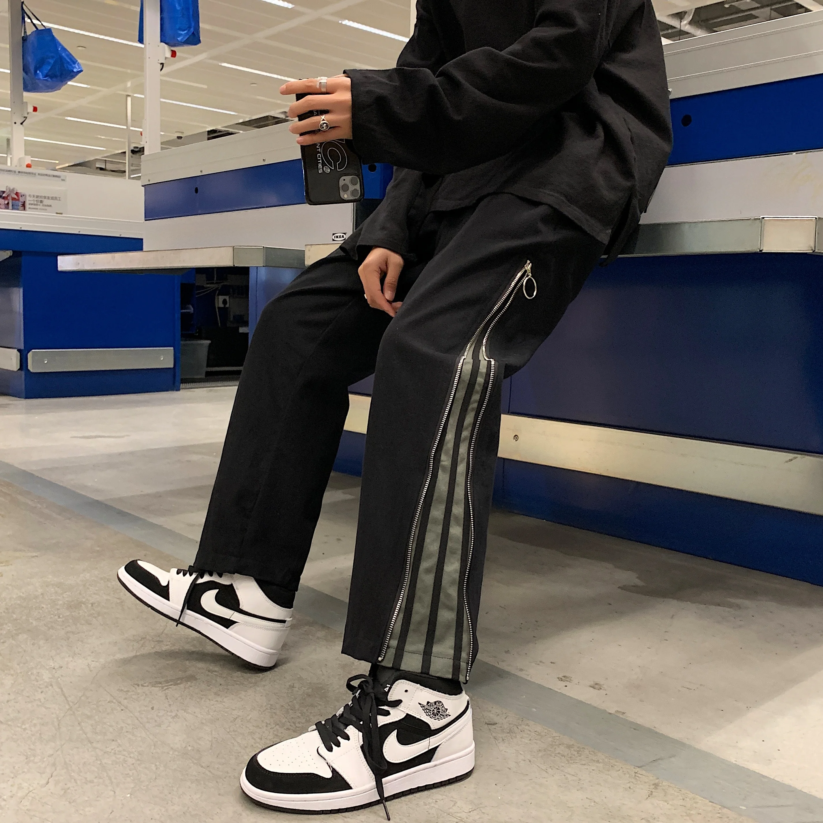 

Trendy Street Sle Workwear Zip Casual Pants for Men Loose Straight Leg Summer Faionable Youthful Nine Points Trousers