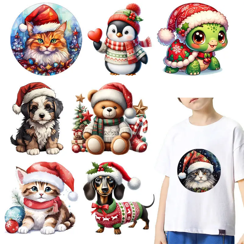 Christmas animals cats dogs penguins turtles Children's heat transfer printing T-shirt DIY For Clothing Patch Washable Iron On