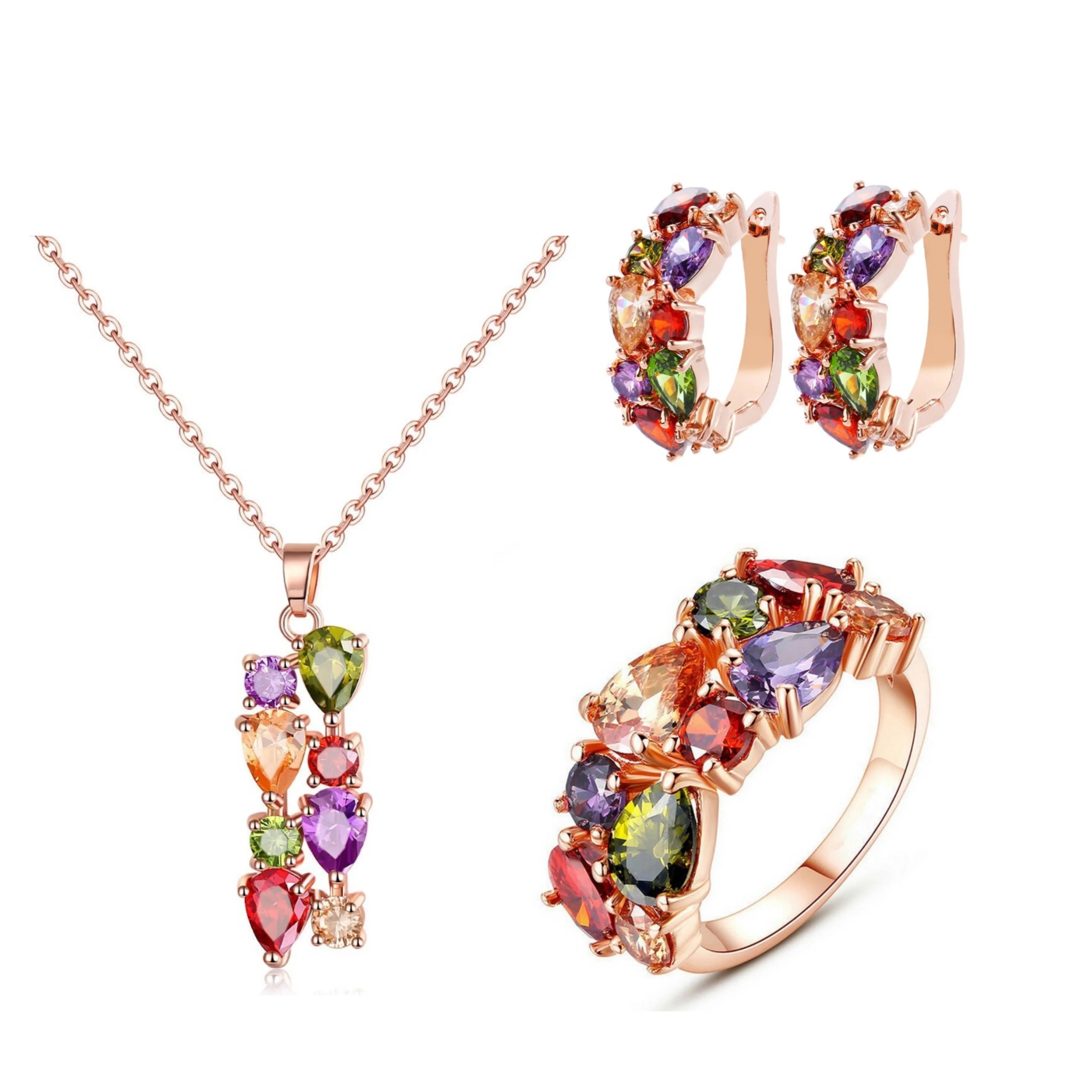 SUGO Classic Hot Sale Retro Sweet Rose Gold Color Multi Cubic Zirconia Jewelry Sets for Elegant Women Dinner Party Accessories