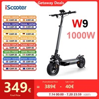 iScooter W9 1000W Electric Scooter EScooter 48V 13Ah 35-45km Range 10inch Inflatable Tires Speed 45km/h rear Disc Brake With App