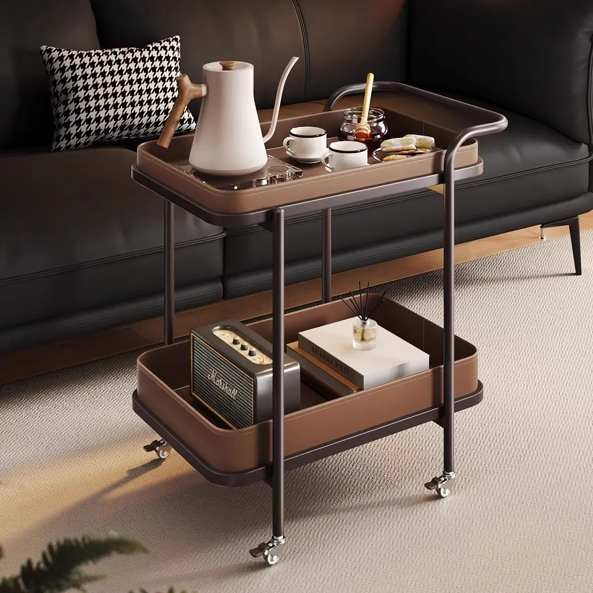 Minimalist Mobile Side Table | Saddle Leather Sofa Caddy on Wheels, Multi-Purpose Cart for Living Room & Bedside Storage
