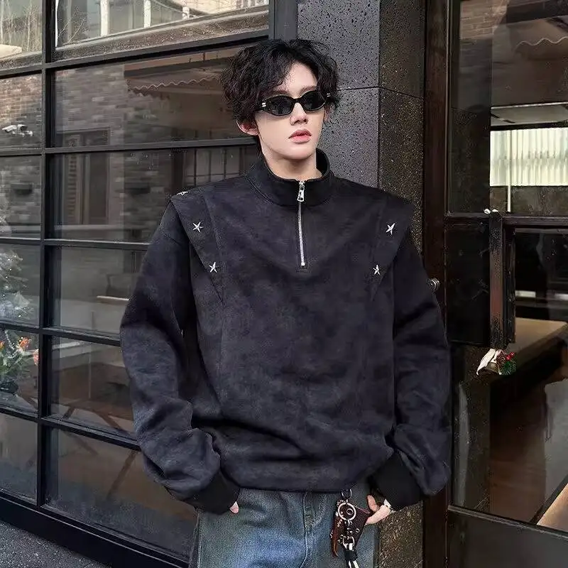 

Man Sweatshirt 2025 Autumn Men's Retro Tie Dye Half Zip Star Rivet Design Edgy Pullover Streetwear Distressed Sweatshirt