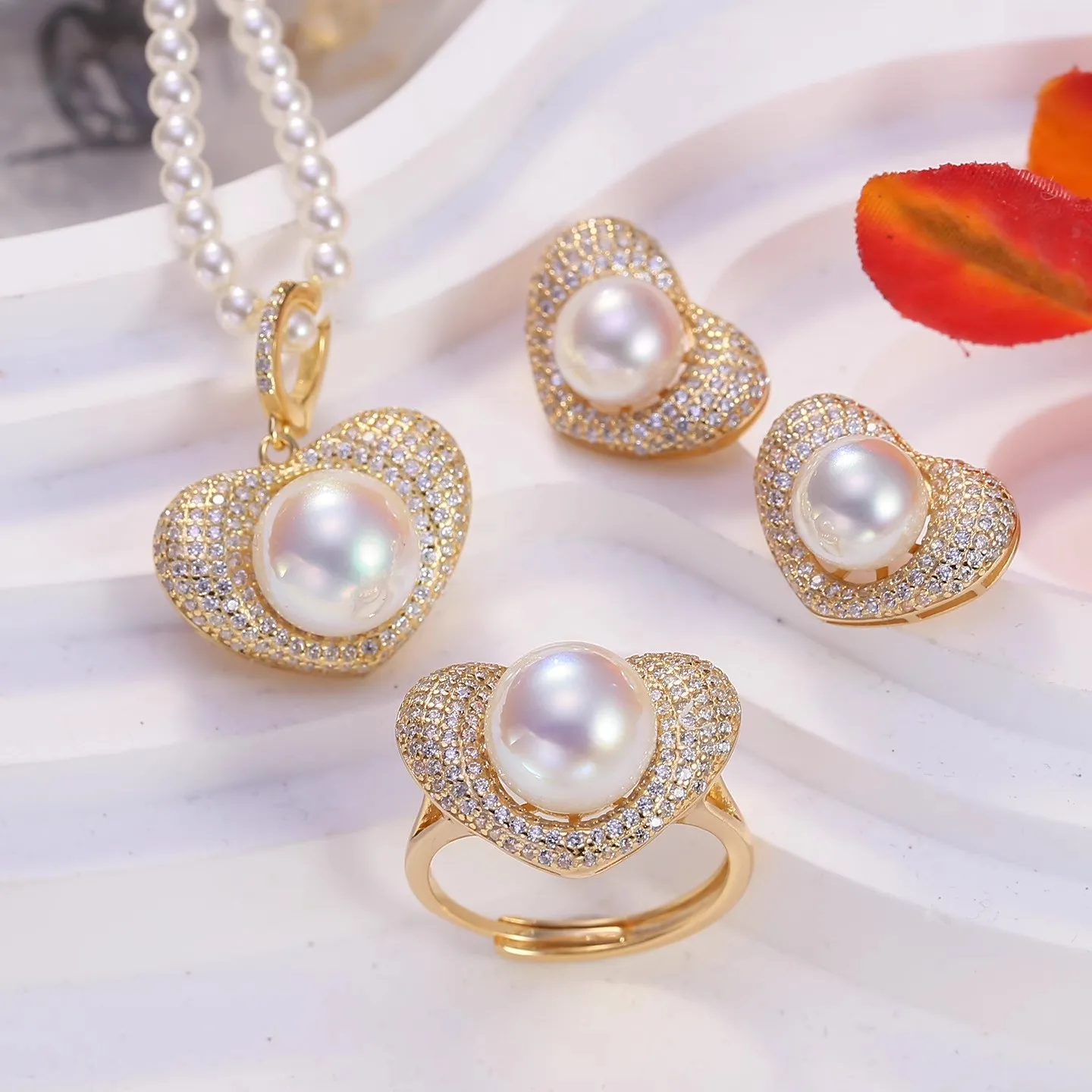 

MeiBaPJ 8-9mm Natural Nearround Pearls Jewelry Set 925 Silver Pendant Earrings Ring Fine Wedding Jewelry for Women