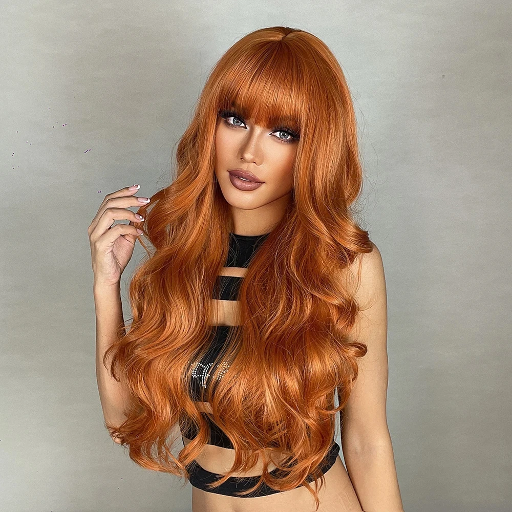 Fashion orange synthetic wig Ladies long curly hair with bangs big waves cosplay high temperature silk wig full head cover image 5