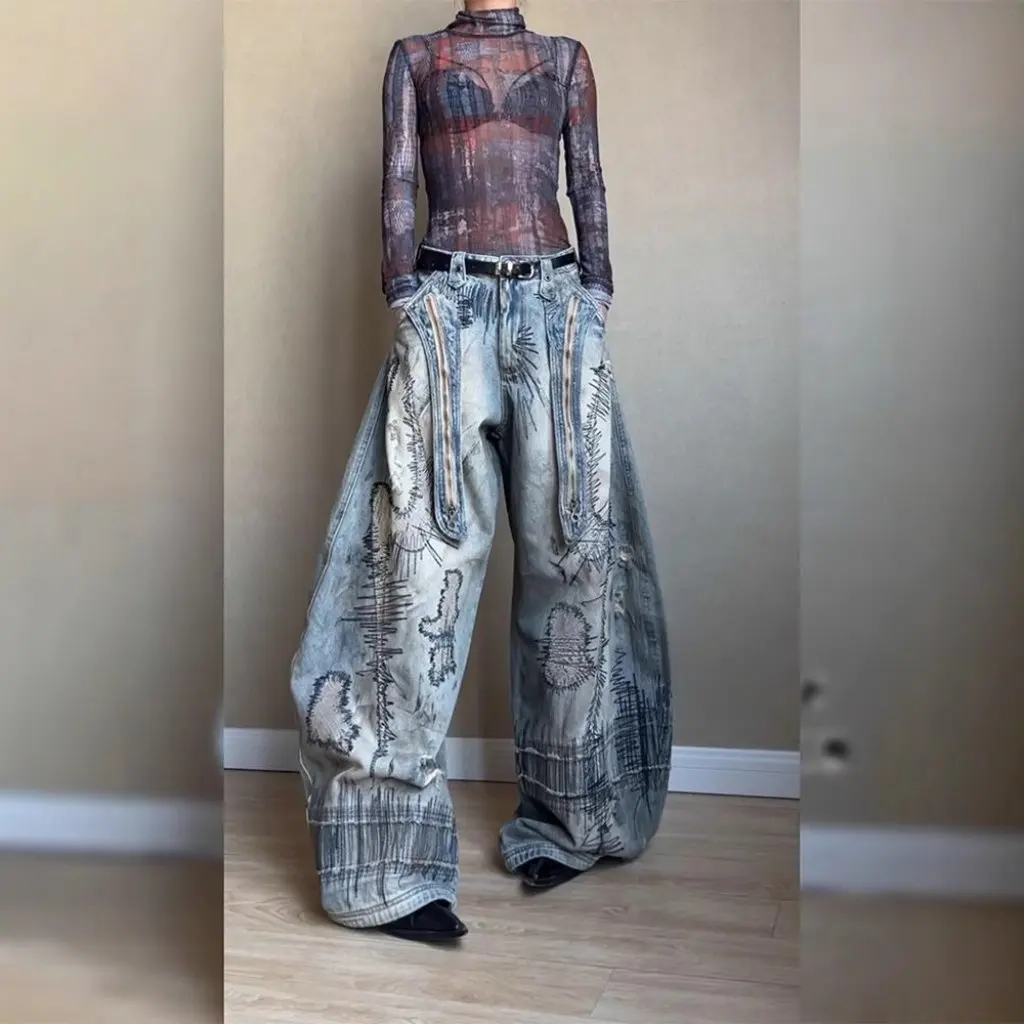 

Retro American Machete Jeans plus Size Stain Dirty Dye Women's Embroidered Pants Spring Spice Girls Disorderly Style