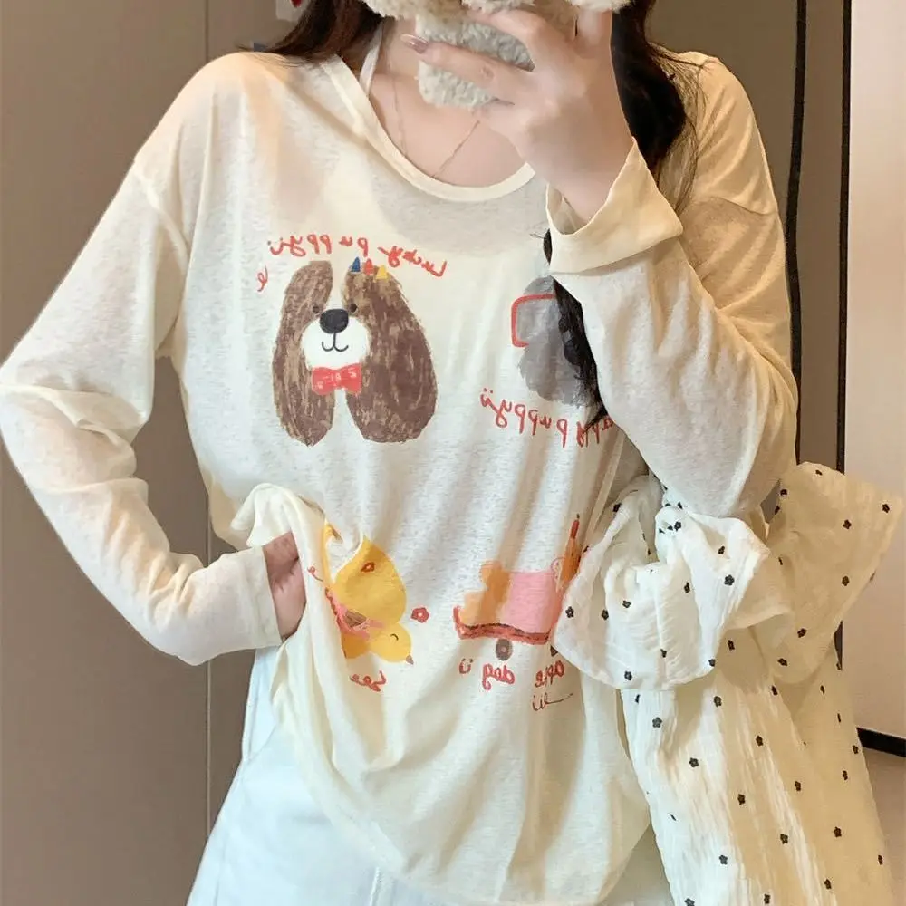 

Thin Dog Print Graphic T-shirt Cartoon Sunscreen Cartoon Animal Long Sleeved Top Elastic Loose Round Neck Oversized T-shirt