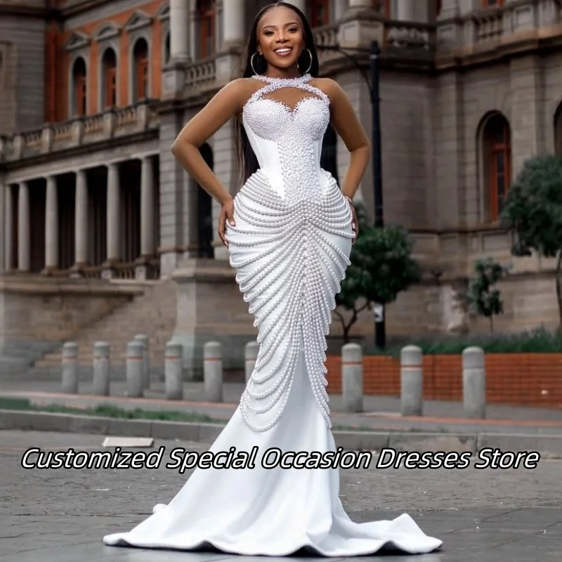 

Luxurious Peal Beading Evening Dresses For Black Girls Long Mermaid Prom Dress Wedding Party Gowns Vestido De Gala Customized