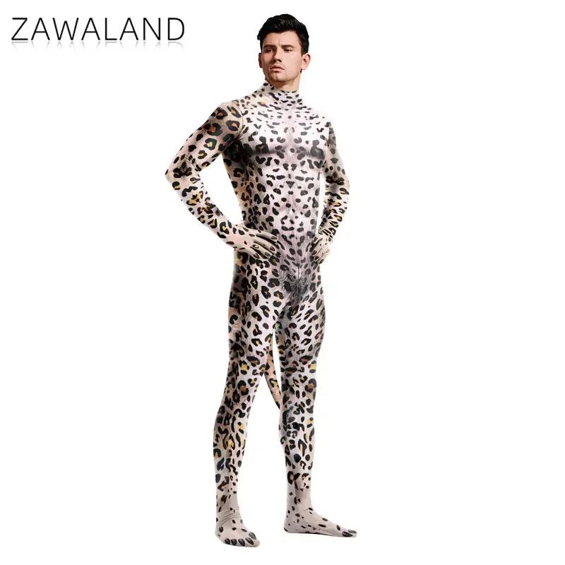 

CyZawaland Cheetah Cosplay Costume with Tail Halloween Crotch Zipper Jumpsuits Man Woman Leopard Catsuit Animal Zentai Bodysuits