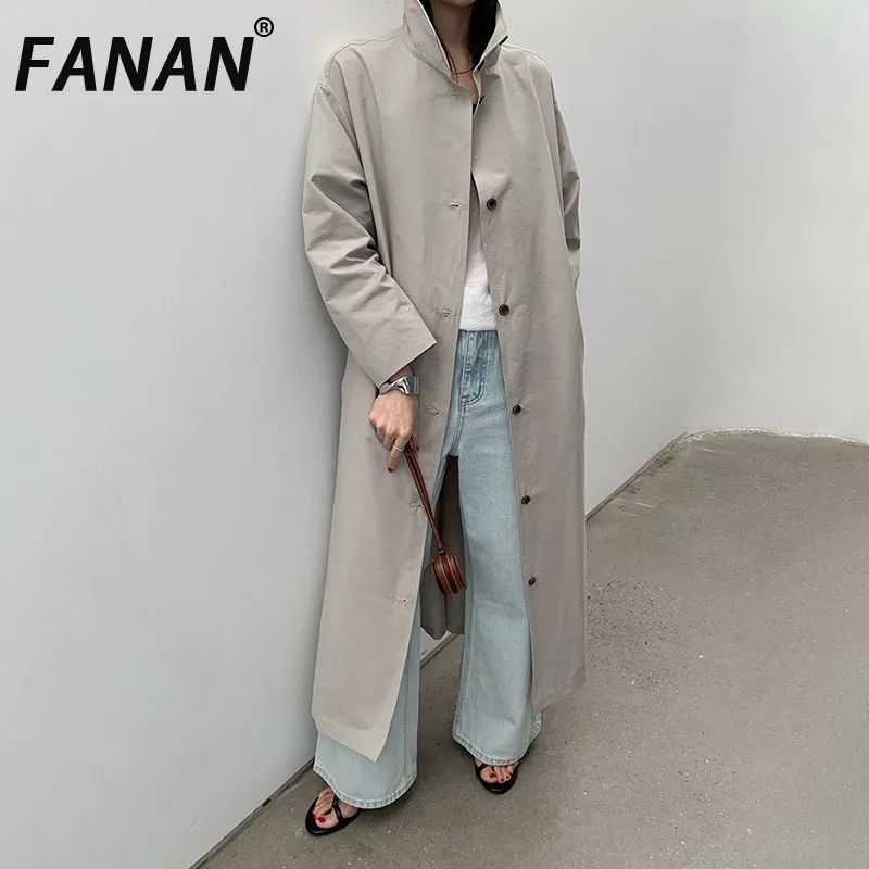 

FANAN однотонный длинный плащ с воротником-стойкой для женщин, однобортный офисный женский темпераментный ветровка, женские пальто, новинка весны 2023 г.