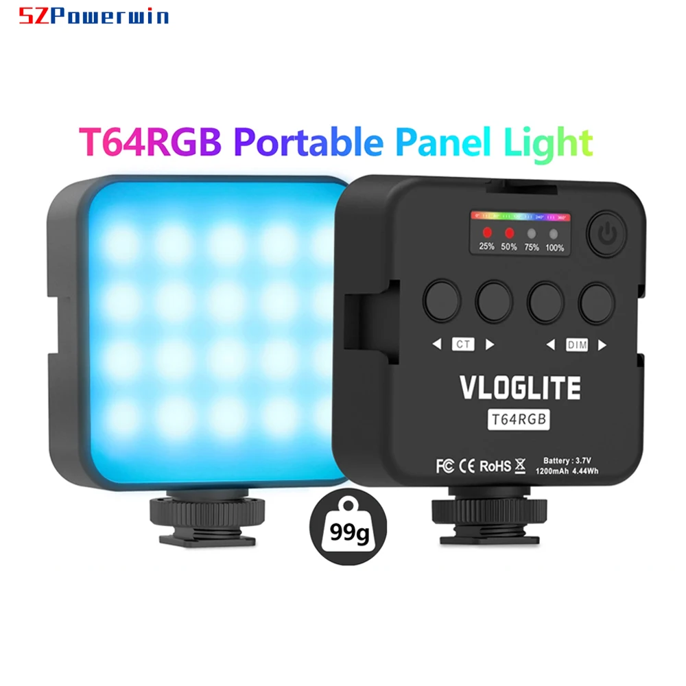 Powerwin T64 RGB LED Panel Light Mini Pocket Camera Vlog Lite 65 LEDs 1200mAh Rechargeable Portable Photo Video Lamp Lighting