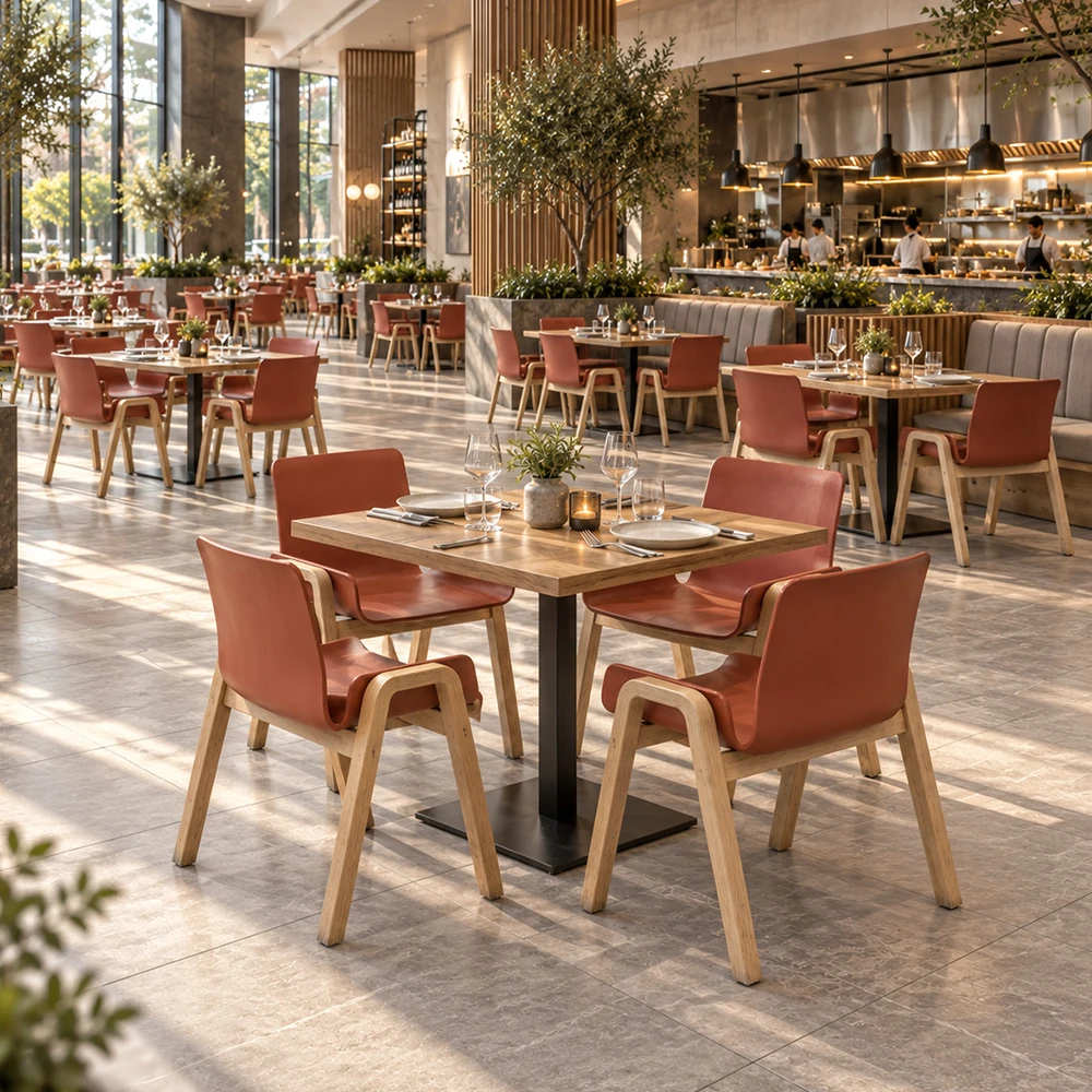 Rust Red Stackable Restaurant Chairs Solid Wood Frame Armrest Shell Back Commercial Cafe Bistro Customizable OEM Wholesale China