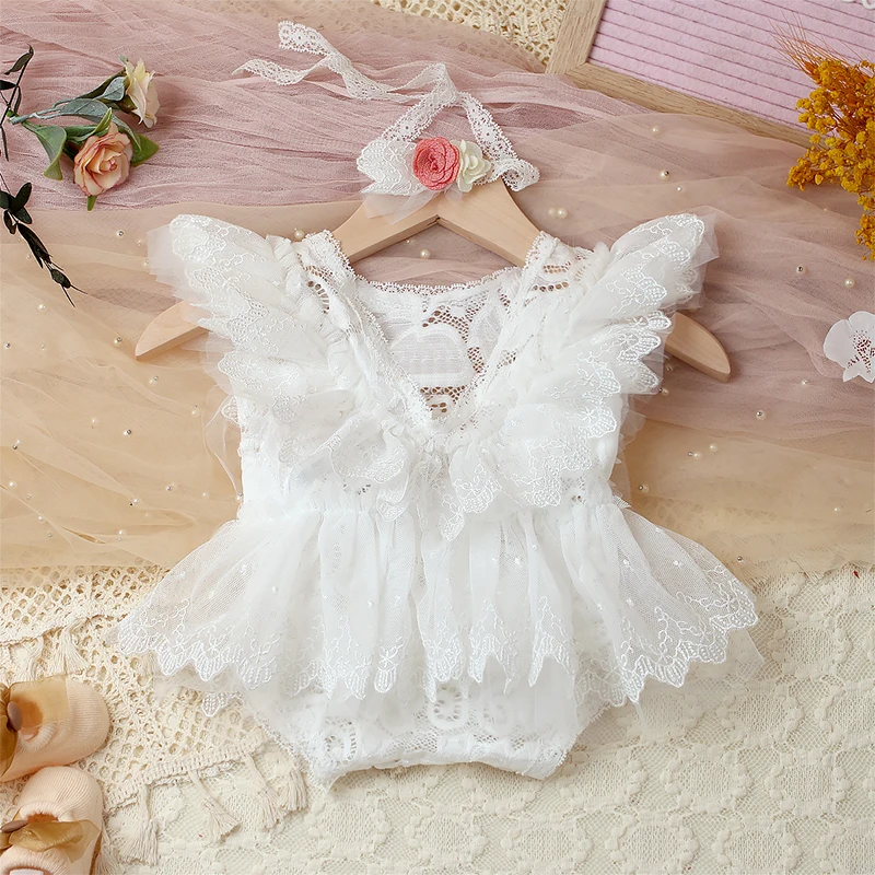 Ylsteed 2 Pieces Set Newborn Photography Lace Romper White Color Baby Girl Photo Shooting Outfits with Headband