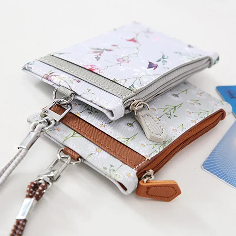 Women's Flower Pu Leather Card Bags ID Bus Credit Card Holder with Neck Strap Lanyard Badge Holder Coin Purse Money Bags Wallet