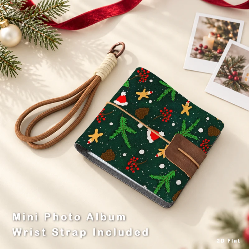 Mini Photo Album With Wrist Strap Christmas Gingerbread Pine Cone Fir Branch Print 3 Inch Instant Picture Storage Book Xmas Holi