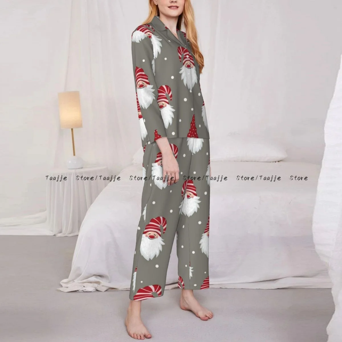 Women Sleepwear Pajamas Cute Gnomes Pattern Long Sleeve Pijama Female Set Negligee Cardigan Suit