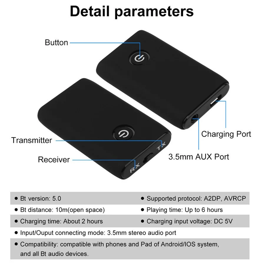 Wireless Bluetooth-compatible 5.0 Transmitter Receiver Rechargable 3.5mm AUX Port Hifi Music Audio Adapter For TV PC Car Speaker