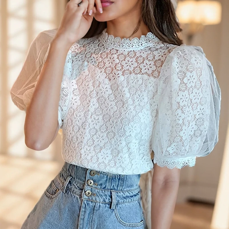 

Elegant Summer Short Sleeve Lace Blouse Women Stand Collar White Shirt Sweet Korean Tops Flower Crochet Clothes Blusas 27168