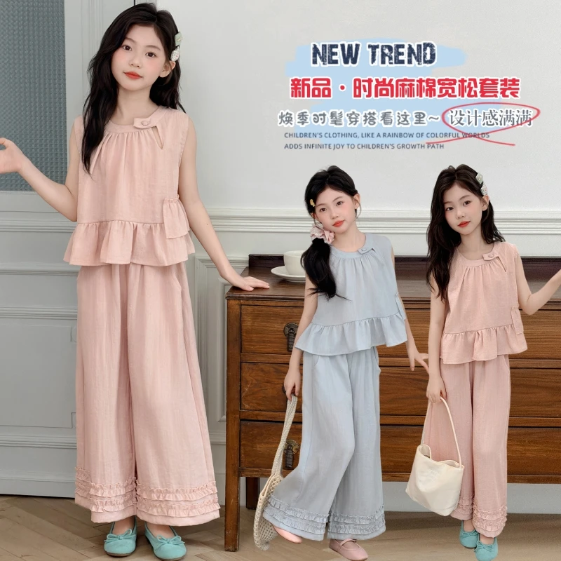 Girls Summer Sleeveless Set Pink Cotton Linen Sleeveless Top Wide Leg Pants 2-Piece Set Ruffle 4-16Y Kids Clothing