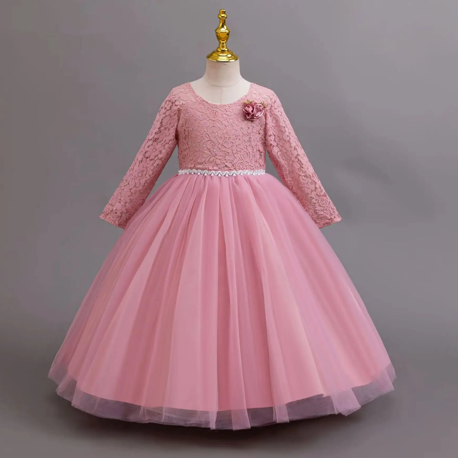 Princess Dress for Young Girls Long Sleeve White Formal Lace Flower Party Holiday Costume 4 to 12 Years Kids