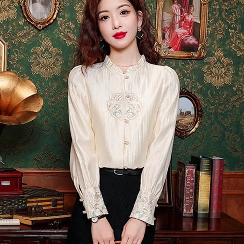 Vintage Blouse Women Ruffle Neck Embroidery Blouse Single-breasted Long Sleeve Shirts Shirts Luxury Brand Women Clothing White