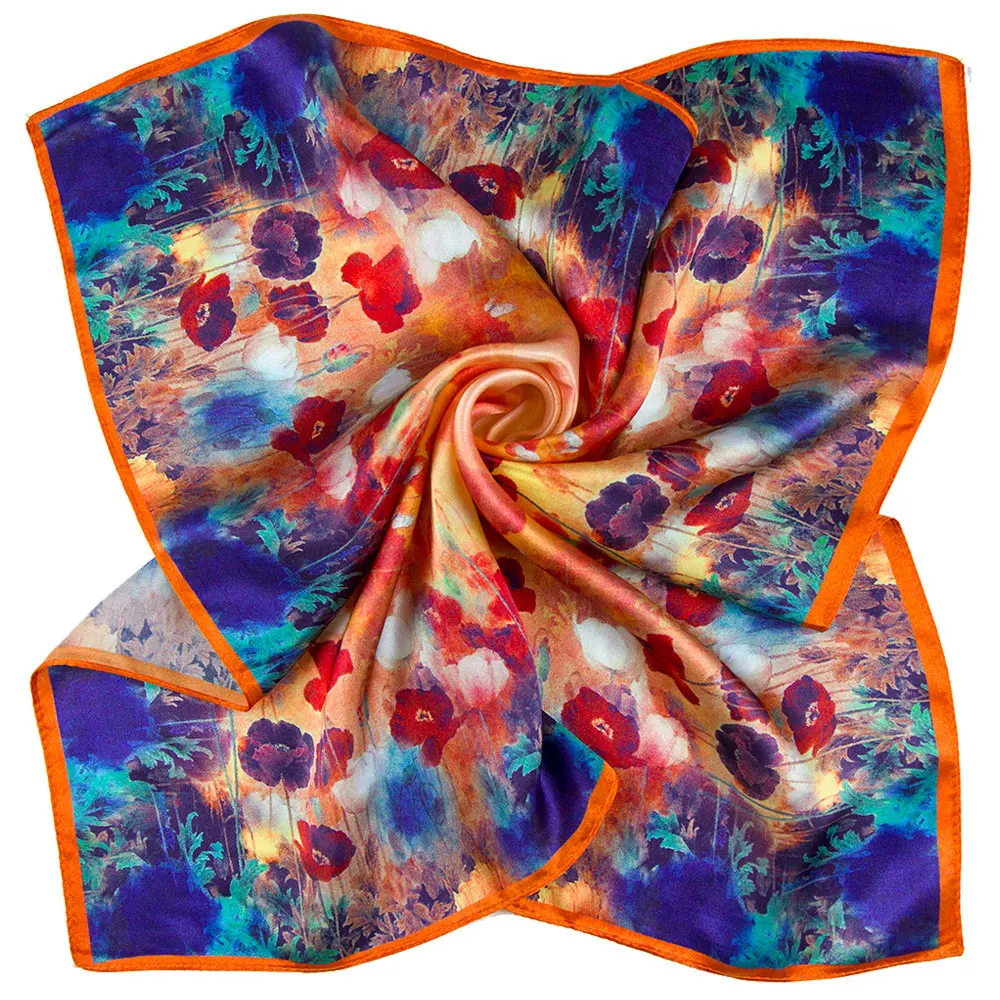 

85cm Natural Pure Silk Women's Scarf Flower Print Hijab Winter Shawl Corn Poppy Square Autumn Girl's Bandana Gifts for Family