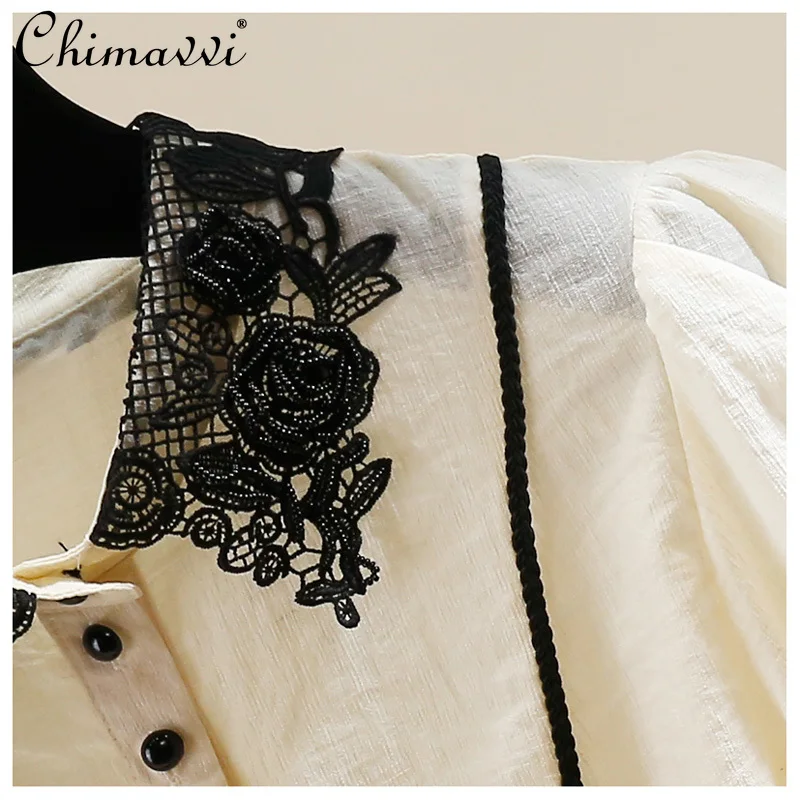 Korean Fashion Heavy Flower Sequin Splicing Bubble Sleeve Shirt Summer New Lapel Short Sleeve Slim Temperament Short Blouse Top