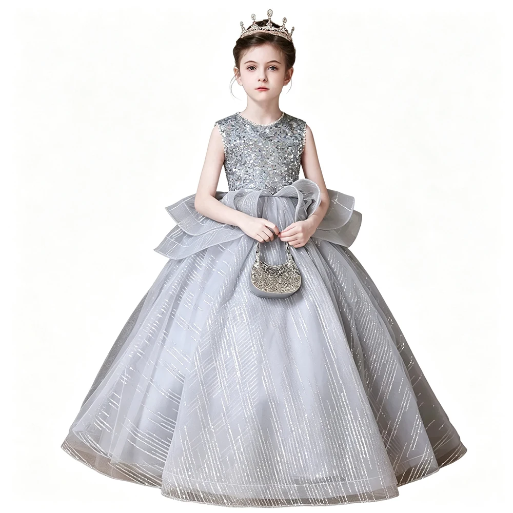 Luxury Girls Birthday Banquet Piano Recital Party Gown Sleeveless Beaded Neck Ruffle Tulle Princess Kids Formal Evening Dress