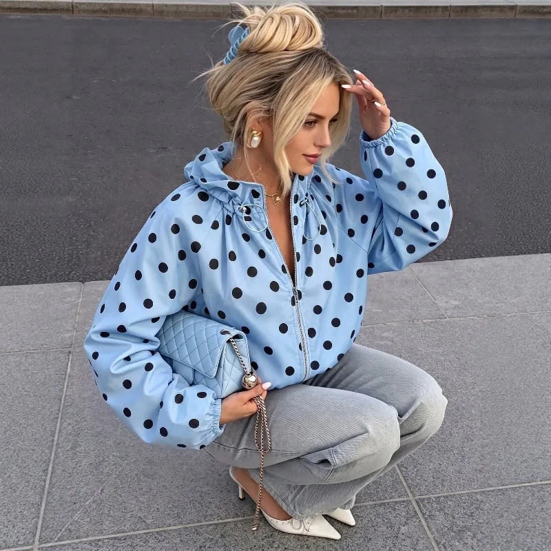 Women Polka Dot Zip Up Jacket, Oversized Ruffle Collar Drawstring Hem Long Sleeve Casual Lightweight Coat