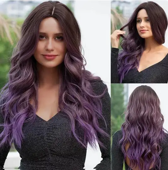 

Long Wavy Ombre Brown Purple Synthetic Wigs For Women Heat Resistant Natural Middle Part Cosplay Party Lolita Hair Wigs