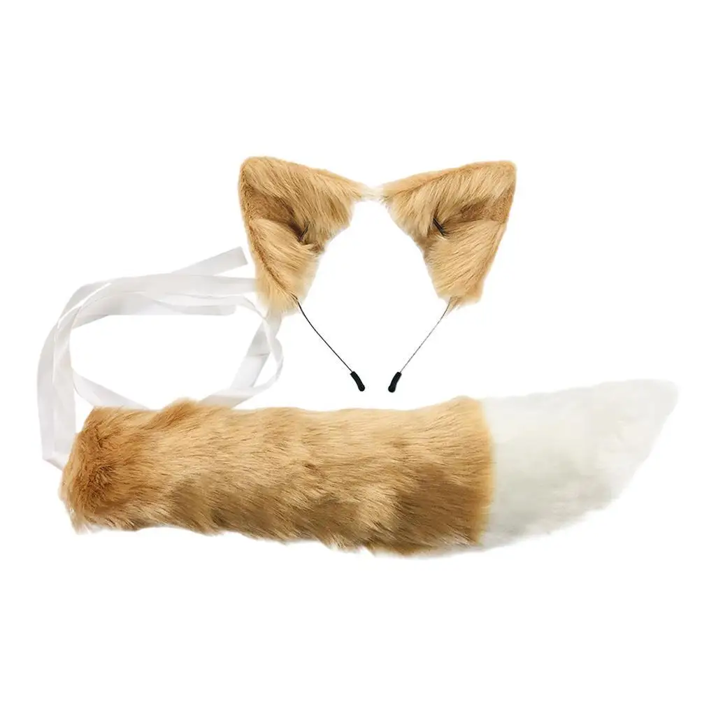 2xPlush Faux Fur Cat Ears and Tail Set Halloween Fancy Dress Cosplay Costume Khaki