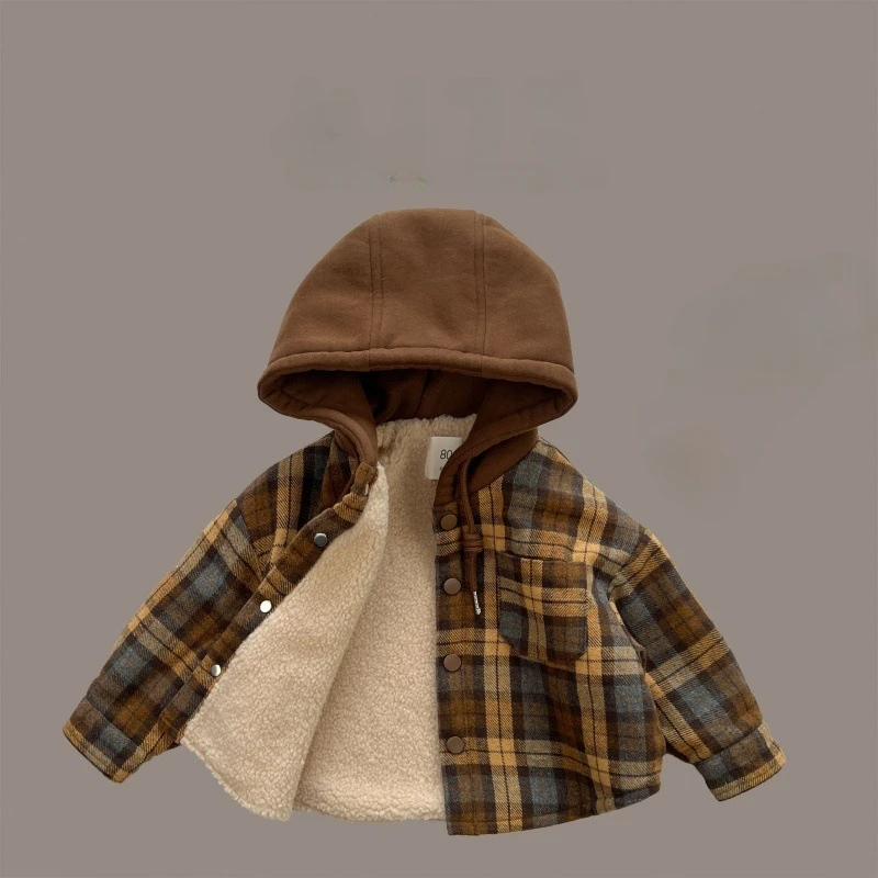 

Fashion Boy Fleece Hooded Jacket Little Kids Plaid Overcoat Children Winter Warm Tops Woollen Coat Outwear Hoodies Clothes