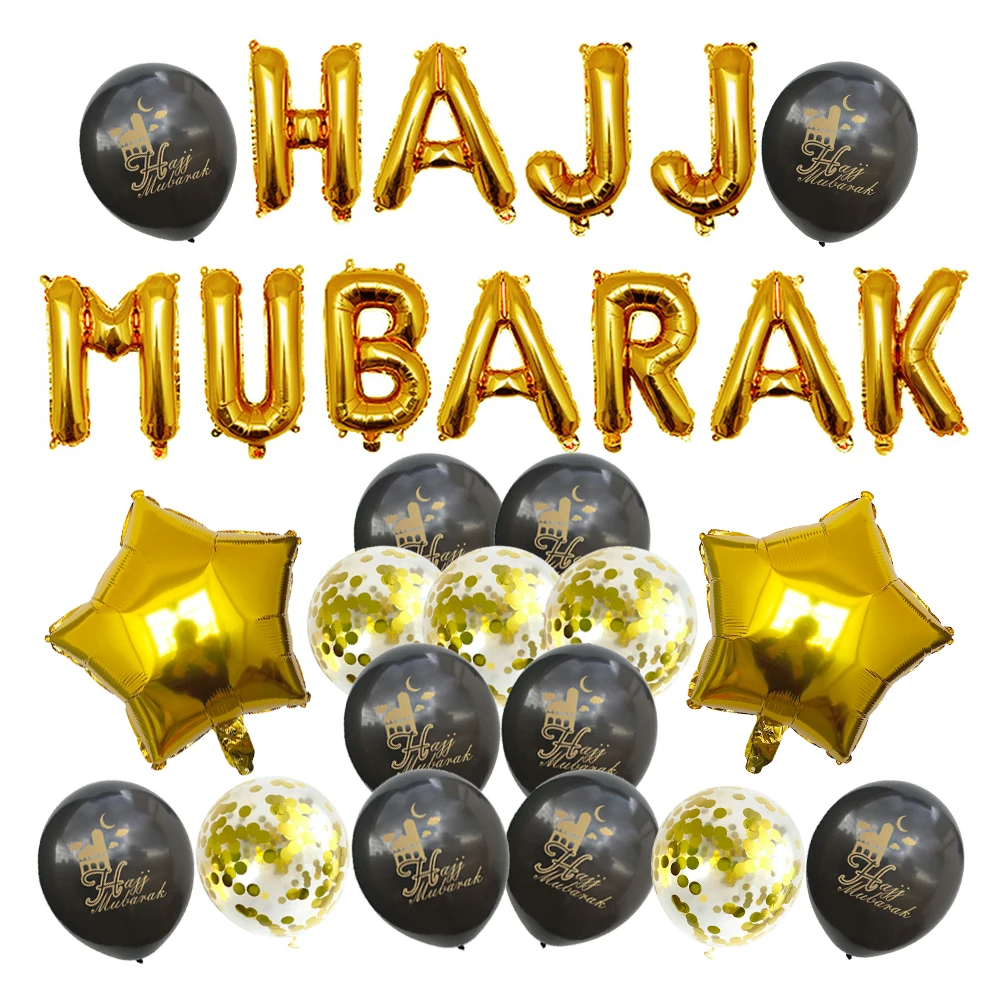 

1Set HAJJ MUBARAK Letter Latex Balloons Decorative Celebrative Background Layout Balloons Set for Eid Al- Black and Gold