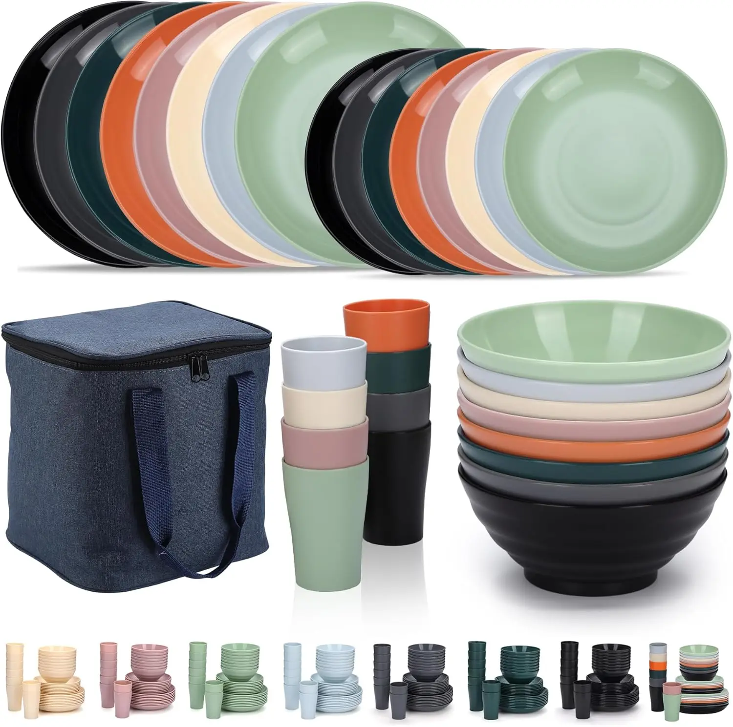 Plastic Cutlery Set  with Bag, Reusable Plates and Bowls Set Includes Cups, Bowls,  Camping, Picnics, Outdoors Various Colors