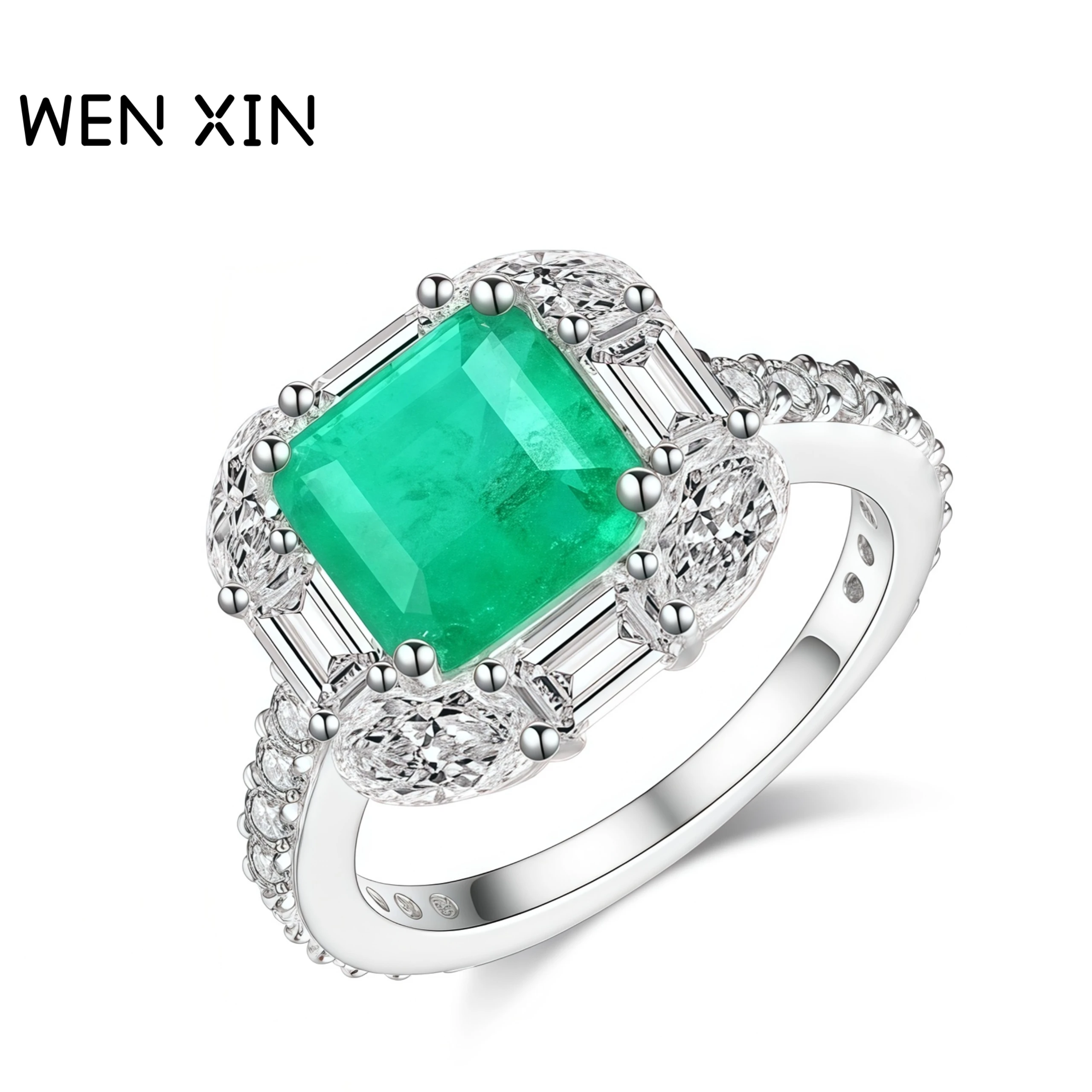 

WENXIN Brand Luxury Brand Designer High Quality Fashionable Women Micro Inlaid Emerald Square Party Ring Fine Jewelry