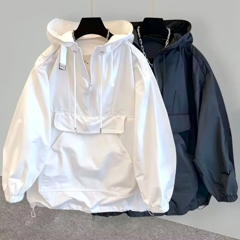 Mens Casual Windbreaker Jacket Hooded Half Zip Loose Fit Cargo Outerwear Fashion Streetwear Autumn Sporty Coat