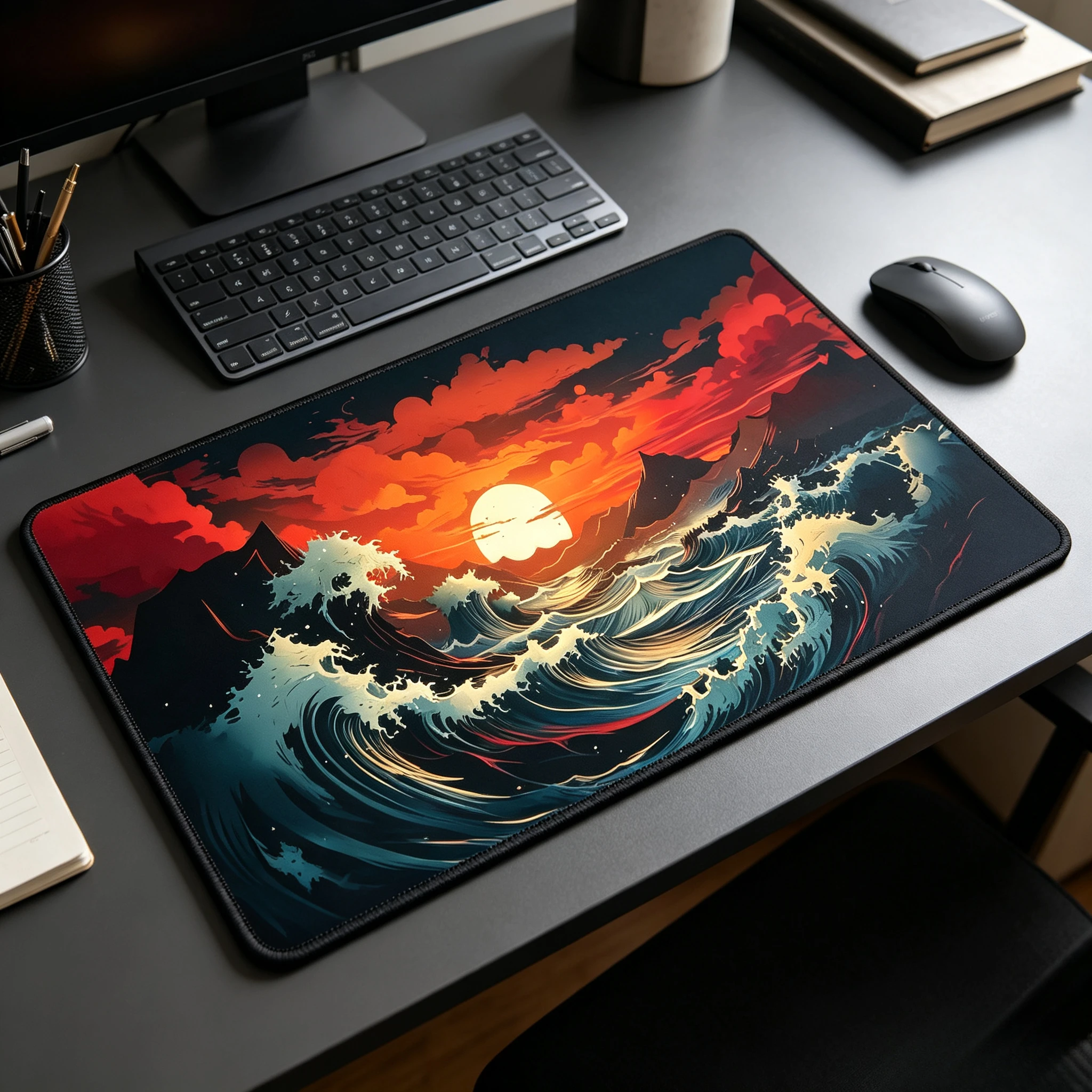 Large Gaming Mouse Pad Red Sunset Ocean Wave Extended DeskMat Non‑Slip Rubber Playmat with Stitched Edges Home Office CP Gamemat