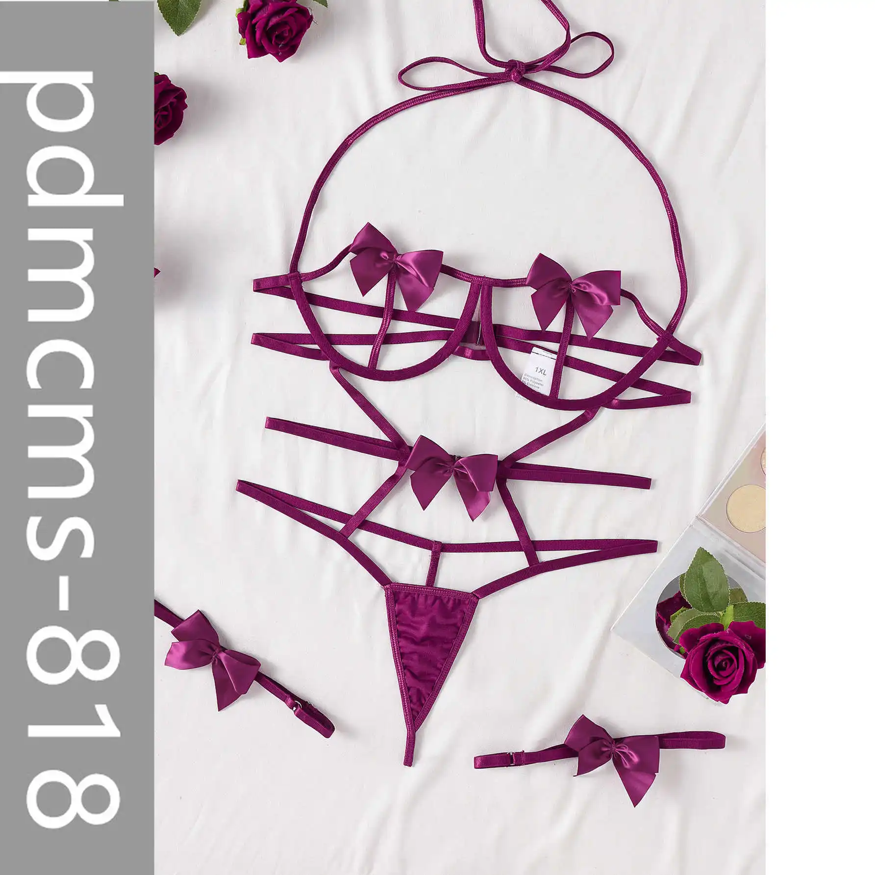 

2025 new model, European and American Halloween fat size sexy lingerie set, women's hollow underwear hanging neck bow 27311