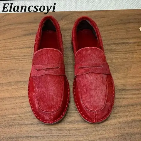 New 2025 Loafer Round Toe Shallow Mouth Retro Flat Shoes Spring Autumn Fur Solid Color Soft Sole Versatile Single Shoes Unisex